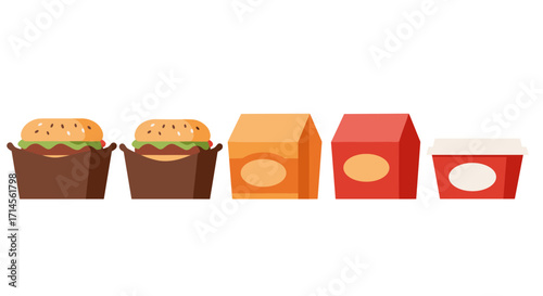 Fast food packaging: burgers and fries in colorful cartons