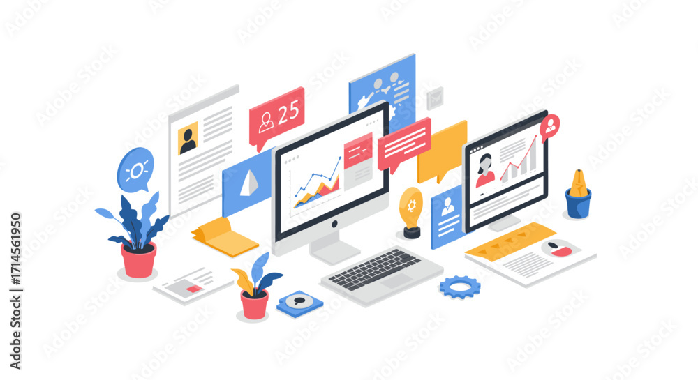 Isometric digital workspace with charts and communication elements