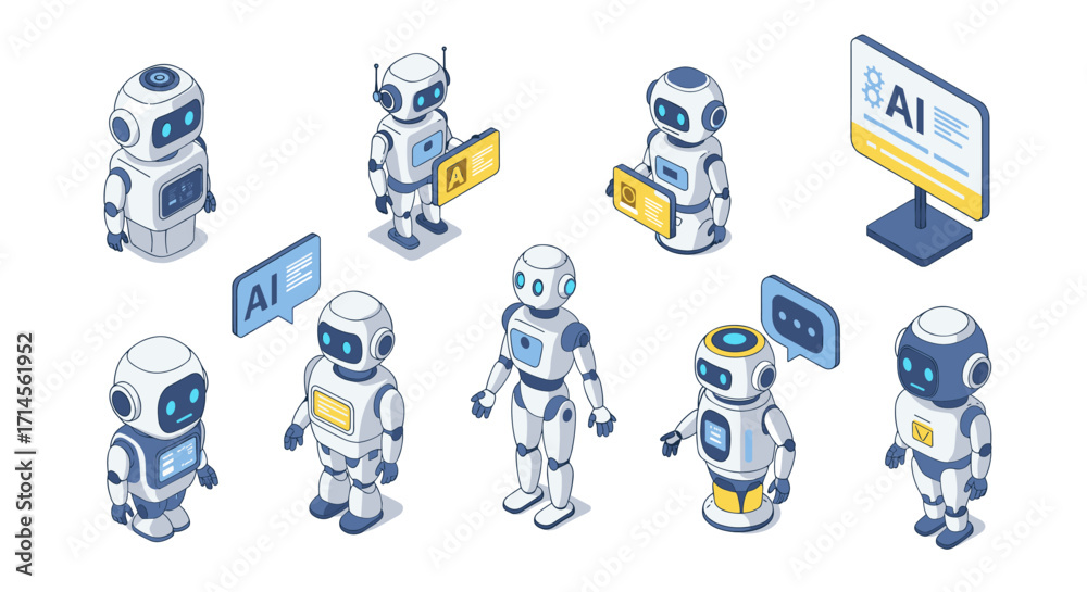 Fototapeta premium Cute cartoon robots collection with ai technology and speech bubbles