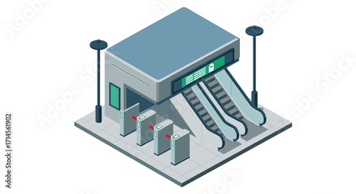 Isometric subway entrance with escalators and turnstiles