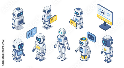 Cute cartoon robots collection with ai technology and speech bubbles