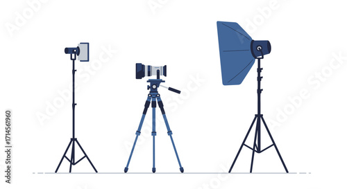 Modern photography equipment setup with camera tripod and studio lighting