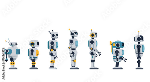 Evolution of robots: from simple designs to advanced technology in a flat style
