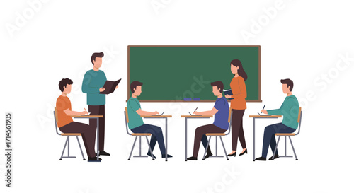 Classroom teaching scene with teacher and students in flat design