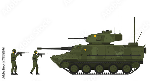 Military tank with soldiers in marching position on white background