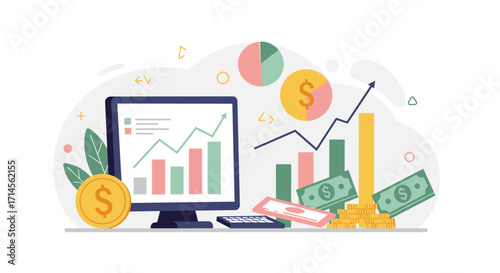 Financial growth concept with charts and money in flat design style