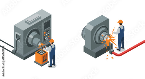 Isometric industrial machining with worker in safety gear