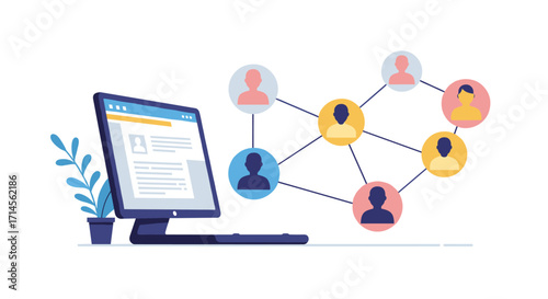 Digital networking concept with profile connections on computer screen