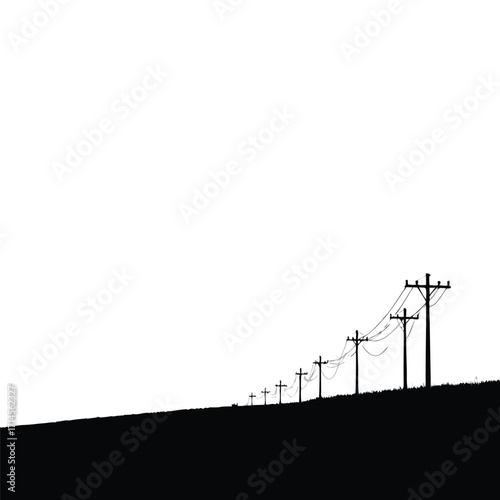 Silhouette of telephone poles on a grassy hill power lines