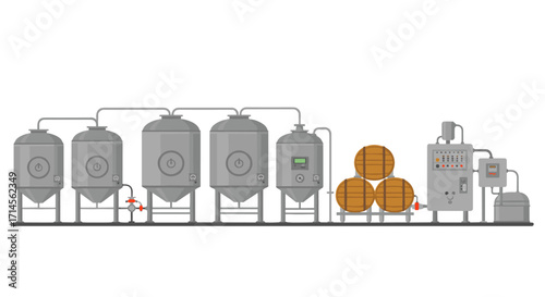 Modern brewery equipment with fermentation tanks and control panel