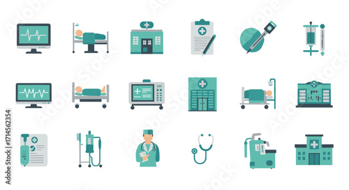 Medical equipment and hospital icons set in flat design style for healthcare applications