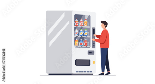Man using vending machine with various beverages in modern flat design