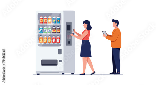 People using a snack vending machine with soda and juice options in flat design