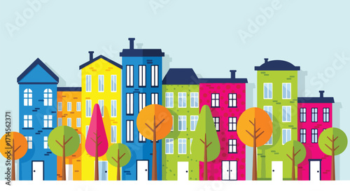 Vector city neighborhood illustration with colorful buildings, trees, and urban decorative facades in modern design.