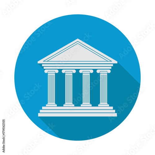 Architectural marvel Ivory columns and peak rise from a tranquil azure disk A serene study in classical symmetry and