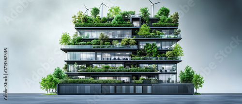 A full-view architectural rendering of a modern US federal building in muted gray and black tones, with each higher floor evolving toward eco-friendly design