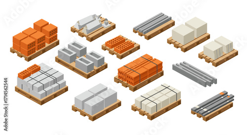 Isometric construction materials on pallets: bricks, concrete, metal, and wood