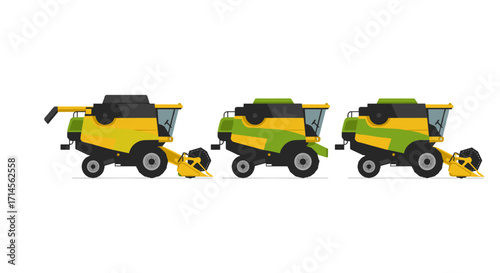 Modern flat style agricultural combine harvesters on white background