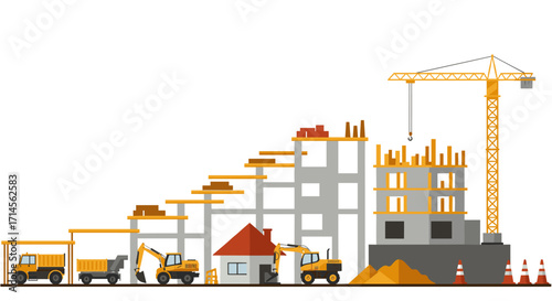 Construction process progression with machinery and building frameworks