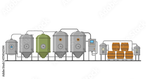 Modern brewery equipment with fermentation tanks and barrels in flat design