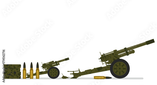 Green artillery cannon and shells displayed on white background
