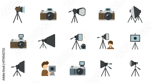 Stylish camera and photography equipment icons for creative projects