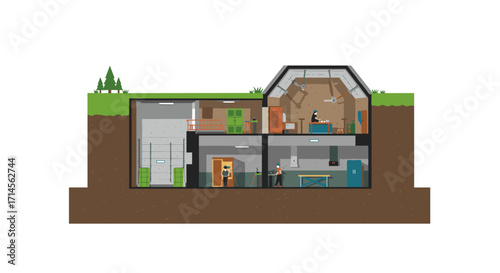 Modern underground bunker cutaway with living quarters and storage rooms