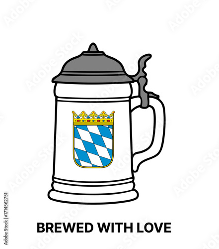 Antique German Mass mug with lid featuring Coat of arms of Bavaria and "Brewed with love" sign, Oktoberfest beer festival, Local craft, print,	 transparent background, isolated, vector, icon