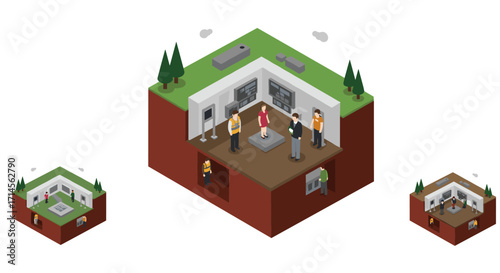 Isometric museum exhibit with visitors in a modern interactive environment
