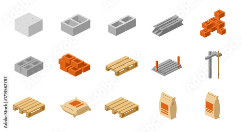 Assorted building materials isometric icons including bricks, pallets, and concrete blocks