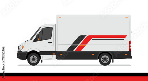 Modern delivery truck with red and black stripes on white background