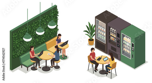 Cozy cafe workspace and vending area in modern isometric design