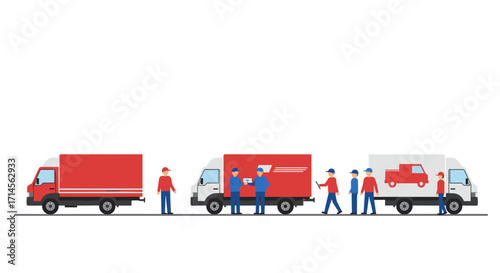 Delivery trucks and workers in flat design on white background