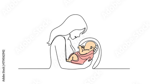 Minimalist line art vector illustration of a mother and child. Elegant, modern, and emotional design suitable for posters, wall art, logos, greeting cards, motherhood concepts, maternity themes