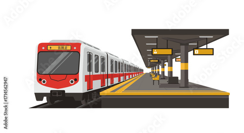 Modern commuter train at urban platform in minimalist flat style