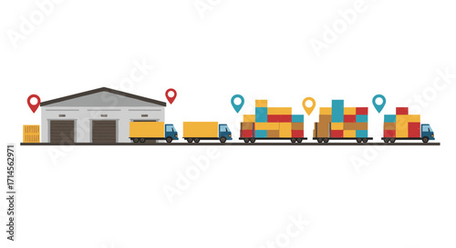 Warehouse logistics and trucking with geolocation markers in flat design