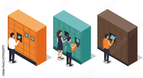 Isometric package pickup lockers with people using digital interface