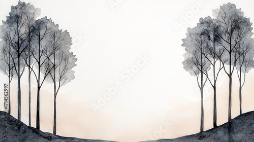 Serene Minimalist Watercolor Landscape With Gray Trees