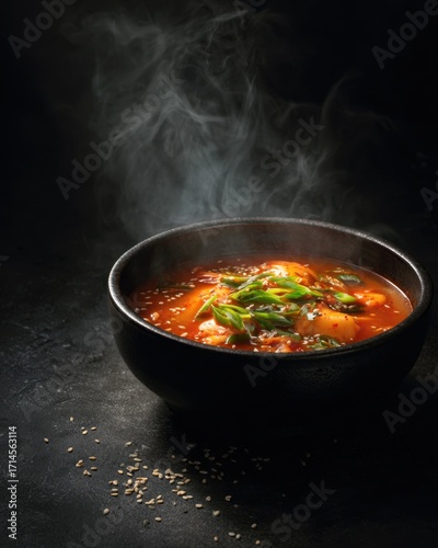 Bowl of Steaming Hot Kimchi Soup with Scallions. kimchi jjigae
