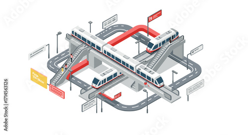 Isometric urban train network with elevated tracks and intersecting roads