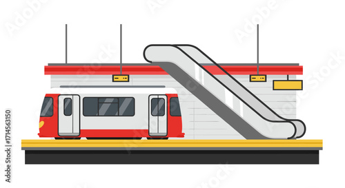 Flat design urban subway station with train and escalator scene