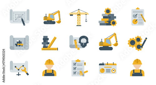 Construction icons set: engineering tools, machinery, and hard hat workers in flat style