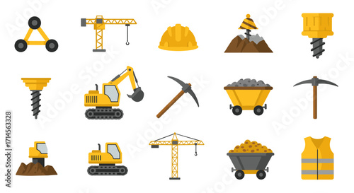 Construction equipment icons set featuring tools, machinery, and safety gear