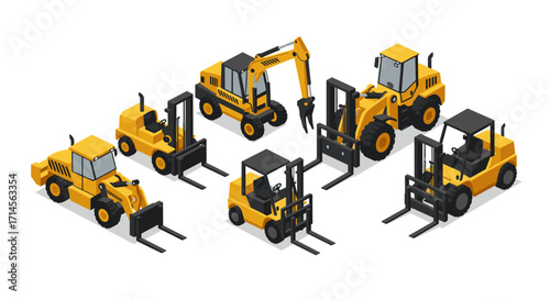 Construction equipment collection featuring isometric forklifts, excavator, and loaders