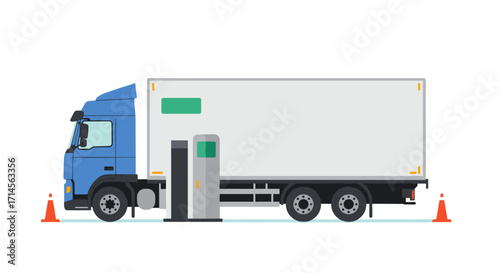 Electric charging station for trucks with safety cones on a white background