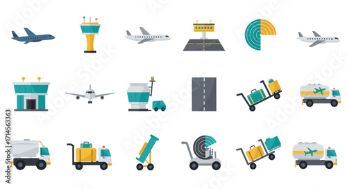 Colorful airport icons set featuring airplanes, control towers, and ground vehicles