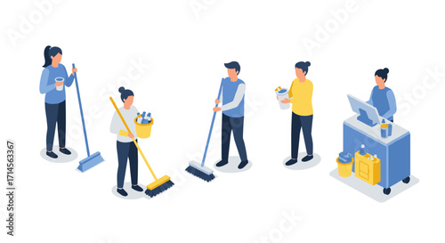 Isometric cleaning crew teamwork: characters with cleaning tools in action