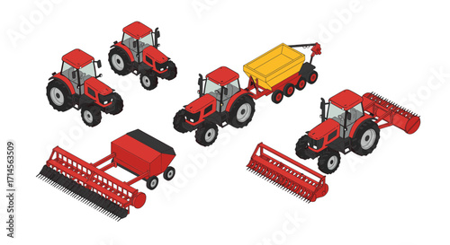 Red farm equipment collection in isometric style for modern agricultural needs