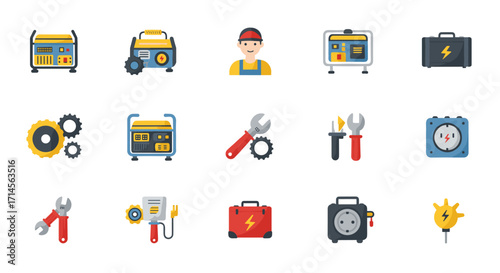 Flat style power tools and equipment icons for construction and repair