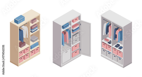 Modern isometric wardrobe designs with organized clothes and accessories
